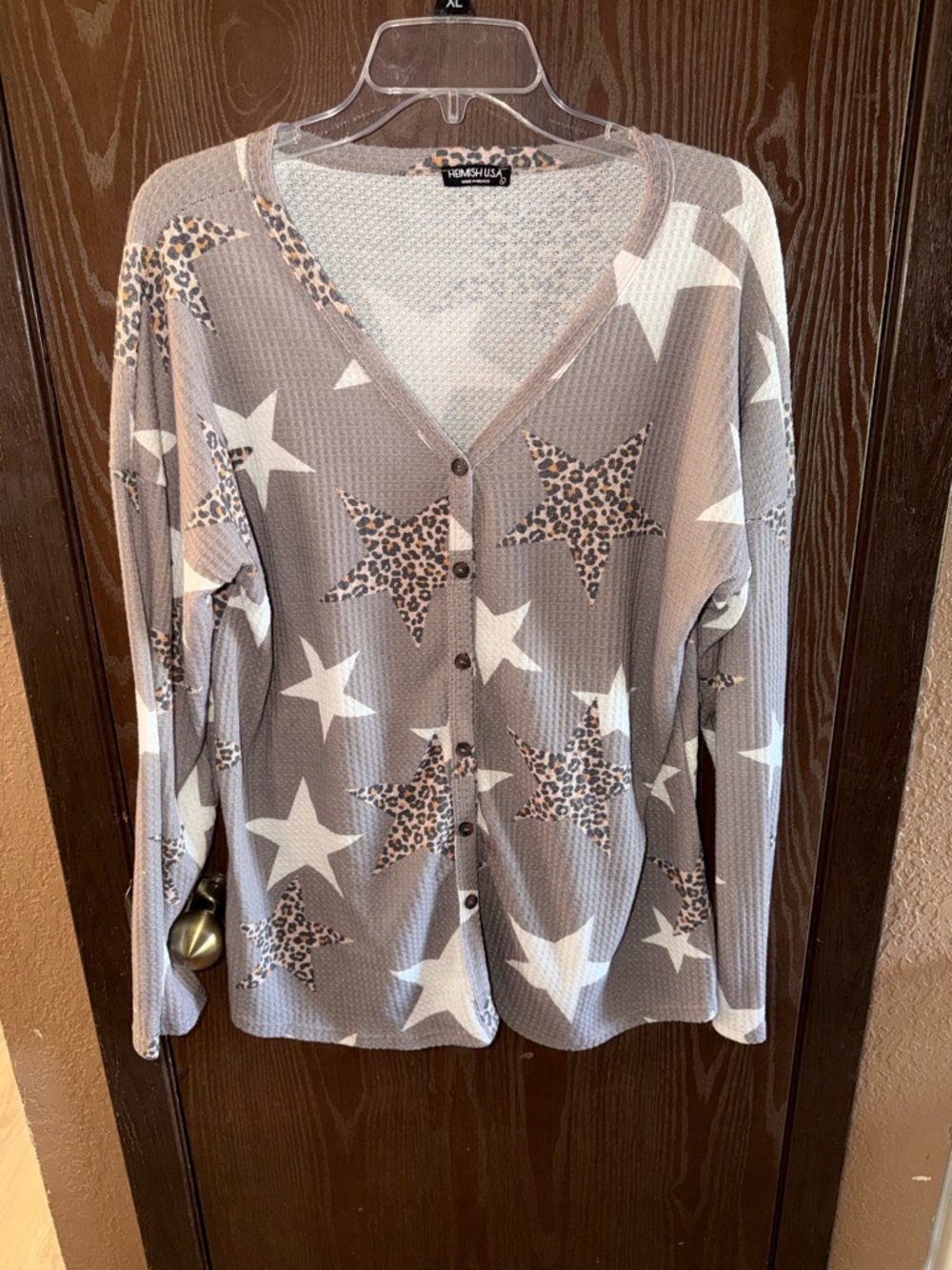 HEIMISH USA Gray Star & Leopard-Print Button Cardigan
